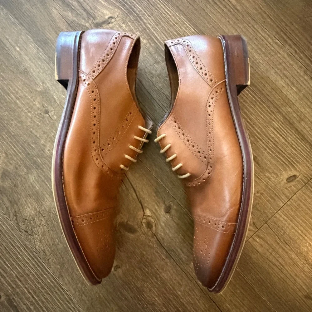 Johnston & Murphy Oxford Tan Leather Brogue Cap Toe Dress Shoes 13 M 20-8582